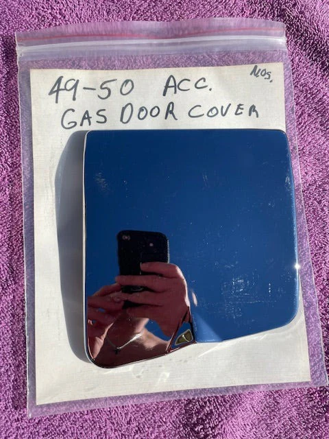 NOS chrome gas fuel filler door for 1949 1950 Chevrolet Styleline Fleetline part number 4583006 OEM exterior trim