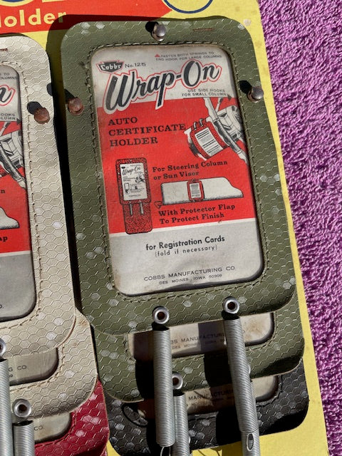 Vintage Cobbs olive green NOS certificate registration holder for steering column or visor classic car interior accessory organizer