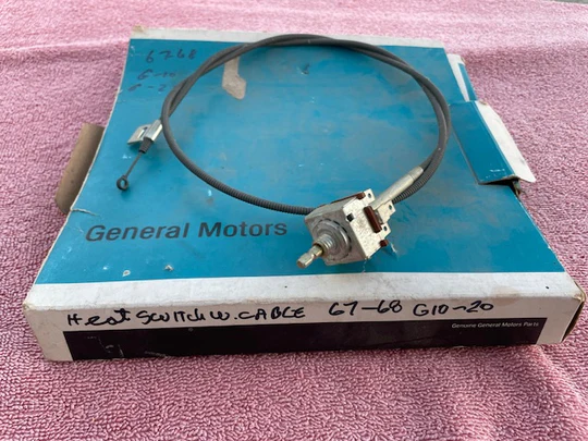 1967 1970 Chevrolet G10 G20 Van NOS heater control switch and cable assembly part number 3928407 original GM HVAC control component for restoration and repair projects.